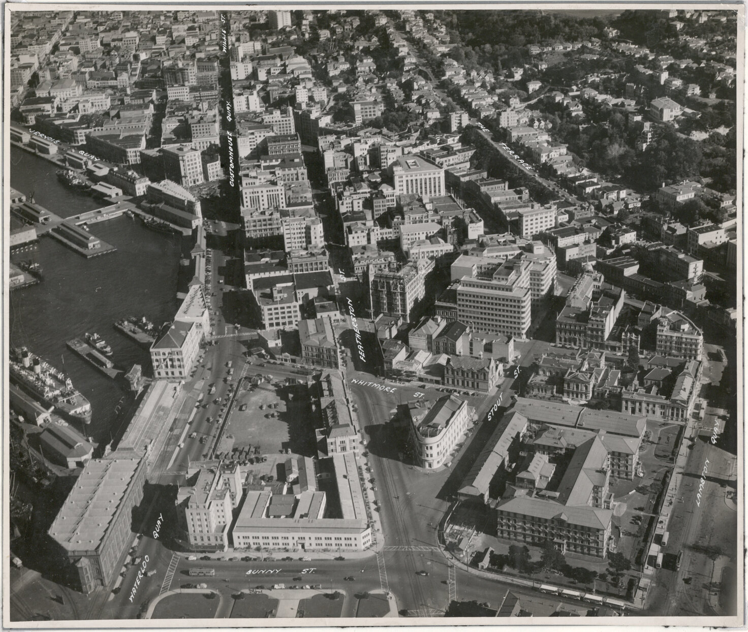 Aerial View of Wellington 1947, City, Bunny Street to Willis Street
