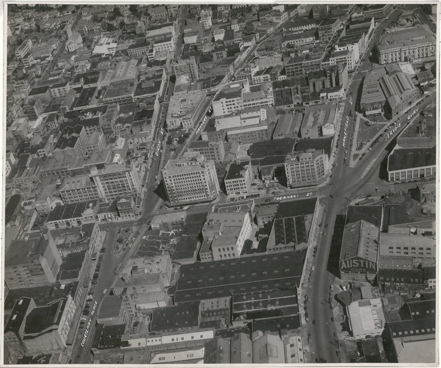 Aerial View of Wellington 1947, City, Courtenay Place, Wakefield Street