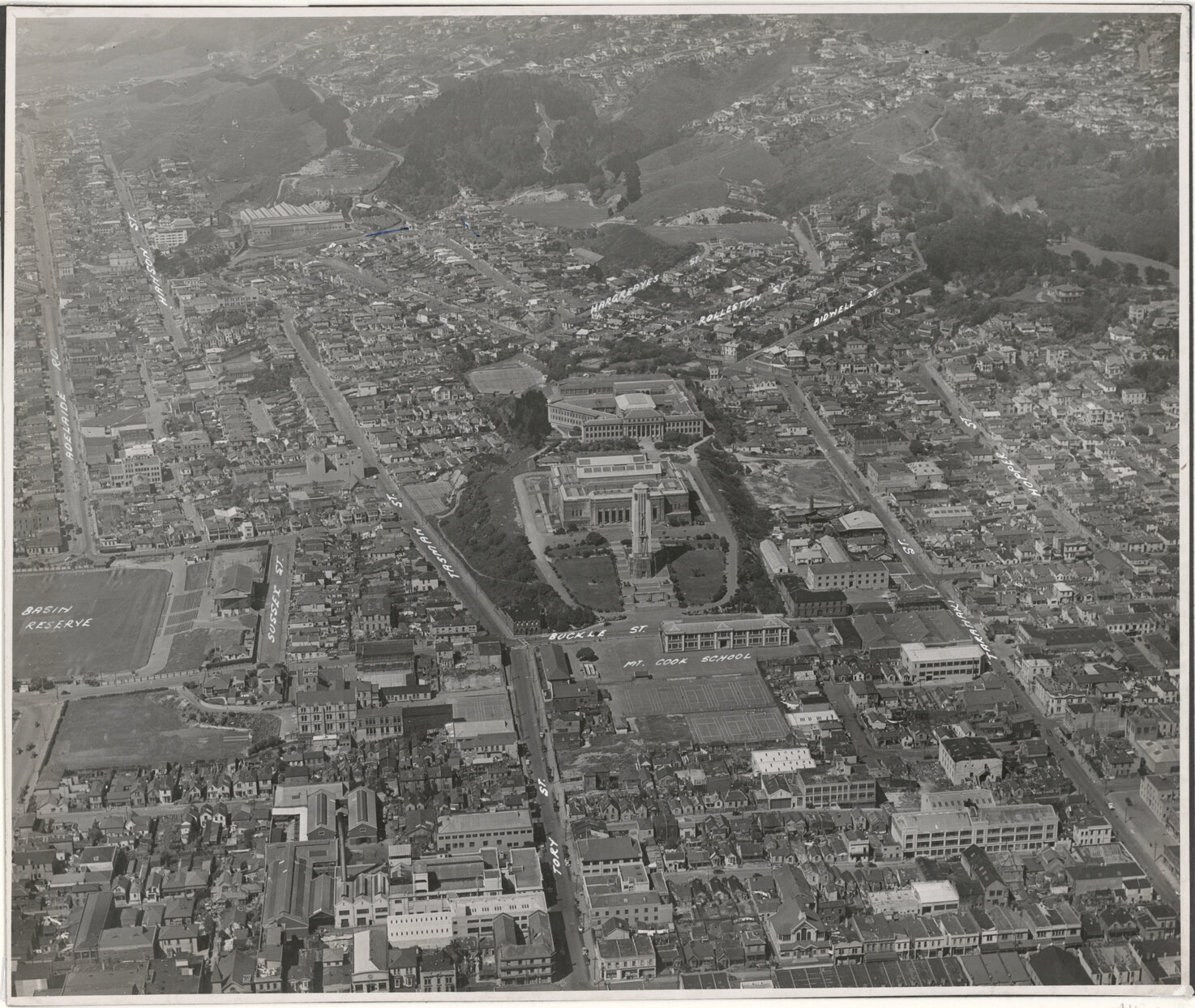 Aerial View of Wellington 1947, City, Mt Cook area, (Museum etc)