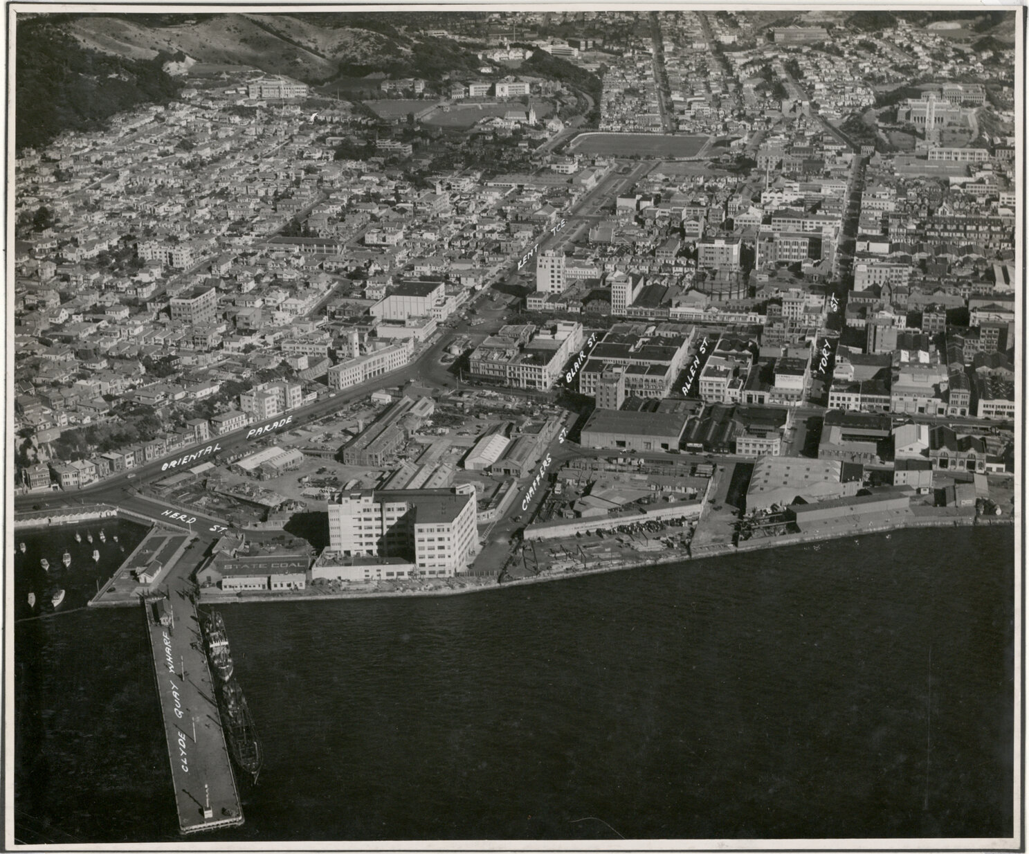 Aerial View of Wellington 1947, City, Te Aro Flat, Clyde Quay to Corporation Yard