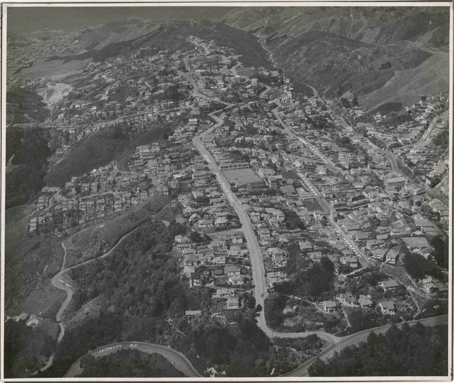 Aerial View of Wellington 1947, Brooklyn, Island Bay in background