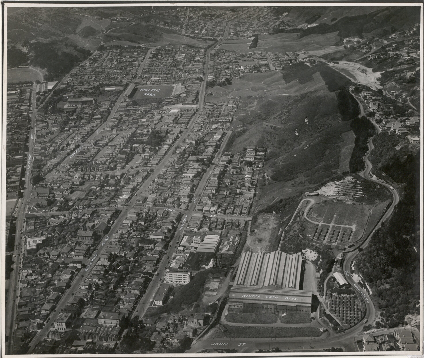 Aerial View of Wellington 1947, Newtown, Winter Show to Wakefield Park