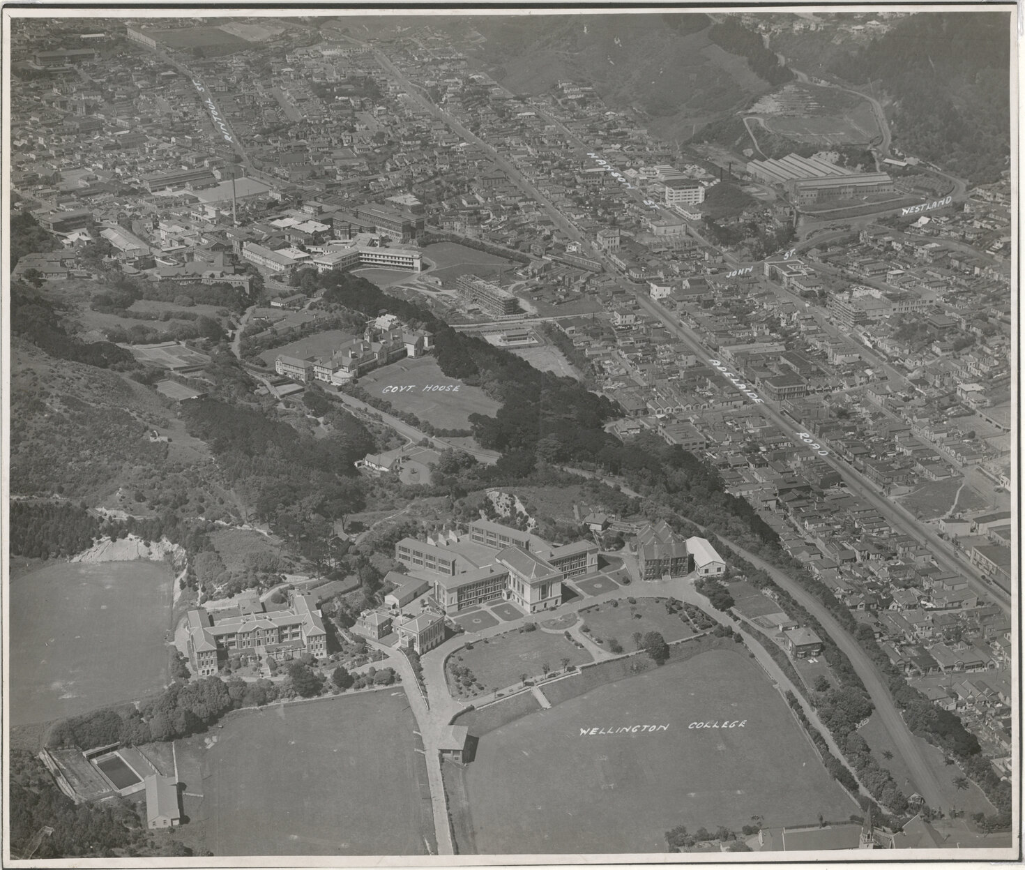 Aerial View of Wellington 1947, Newtown, Wellington College, Government House, Hospital