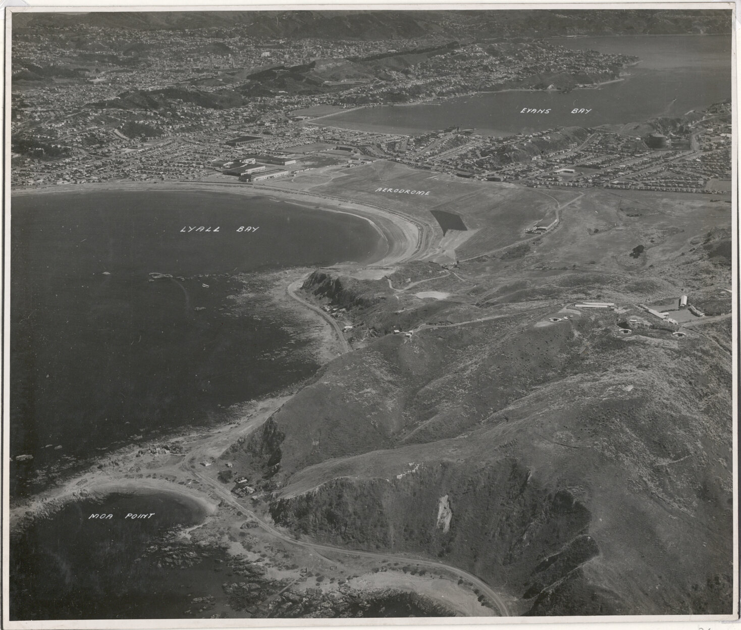 Aerial View of Wellington 1947, Moa Point, Lyall Bay, Aerodrome, City in distance