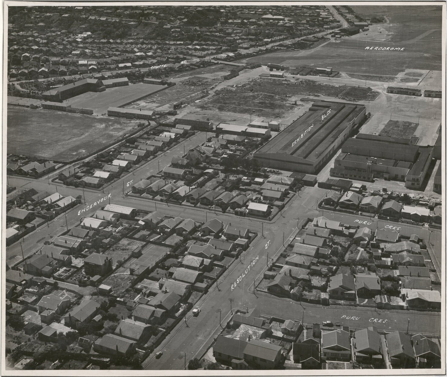Aerial View of Wellington 1947, Kilbirnie, Exhibition Buildings, Aerodrome