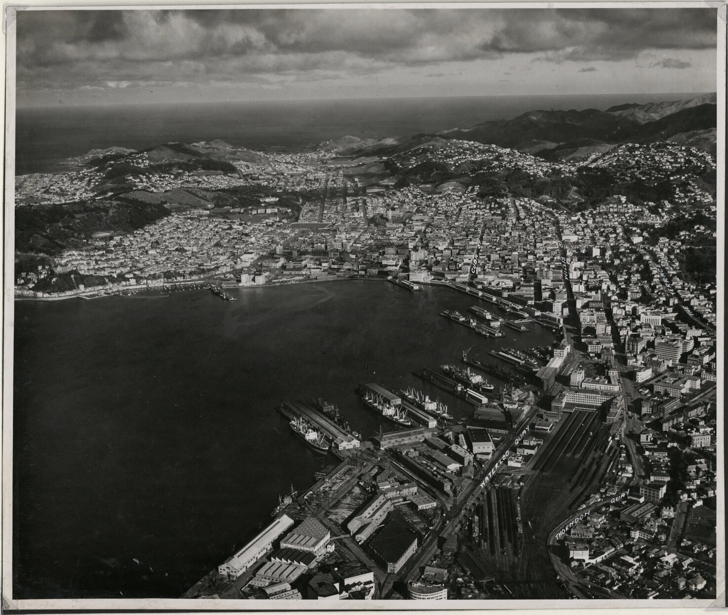 Aerial View of Wellington 1947, City, Railway Yards to Island Bay