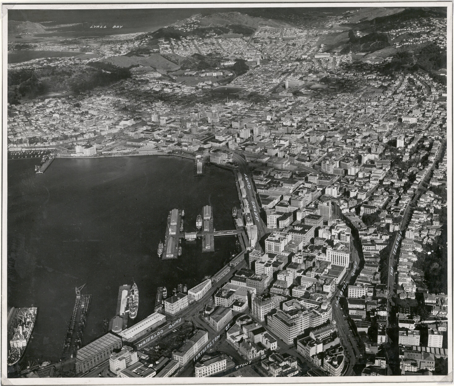 Aerial View of Wellington 1947, City, Stout Street to Lyall Bar, Brooklyn