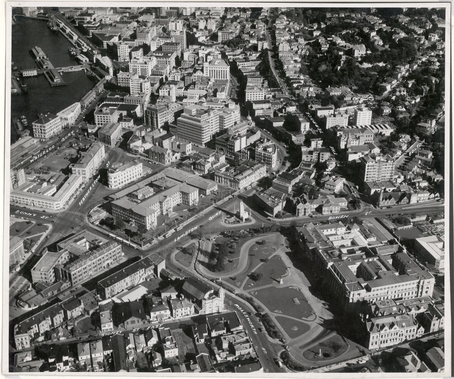Aerial View of Wellington 1947, City, Parliament Buildings to Willis Street