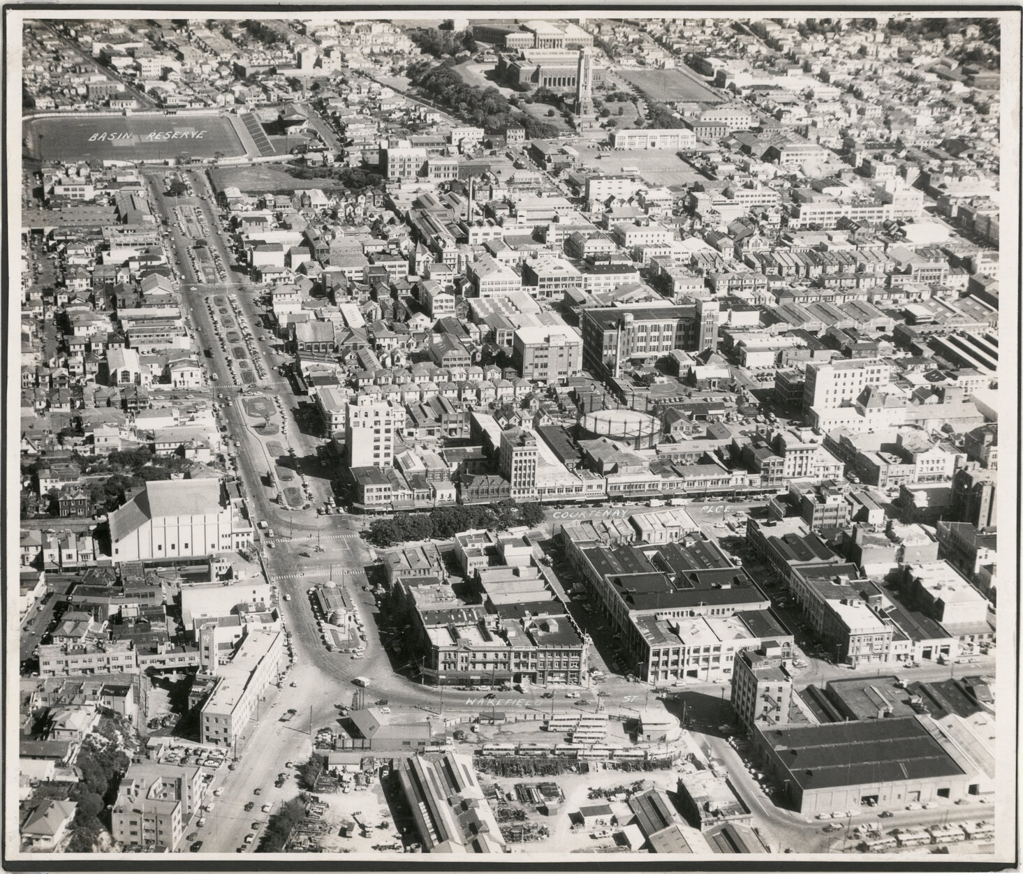 Aerial View of Wellington 1958, Courtenay Place to Basin Reserve, Te Aro Flat area