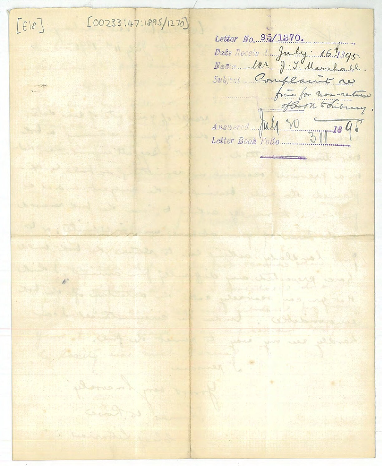 Complaint regarding fine for non-return of book to Library - J T Marshall