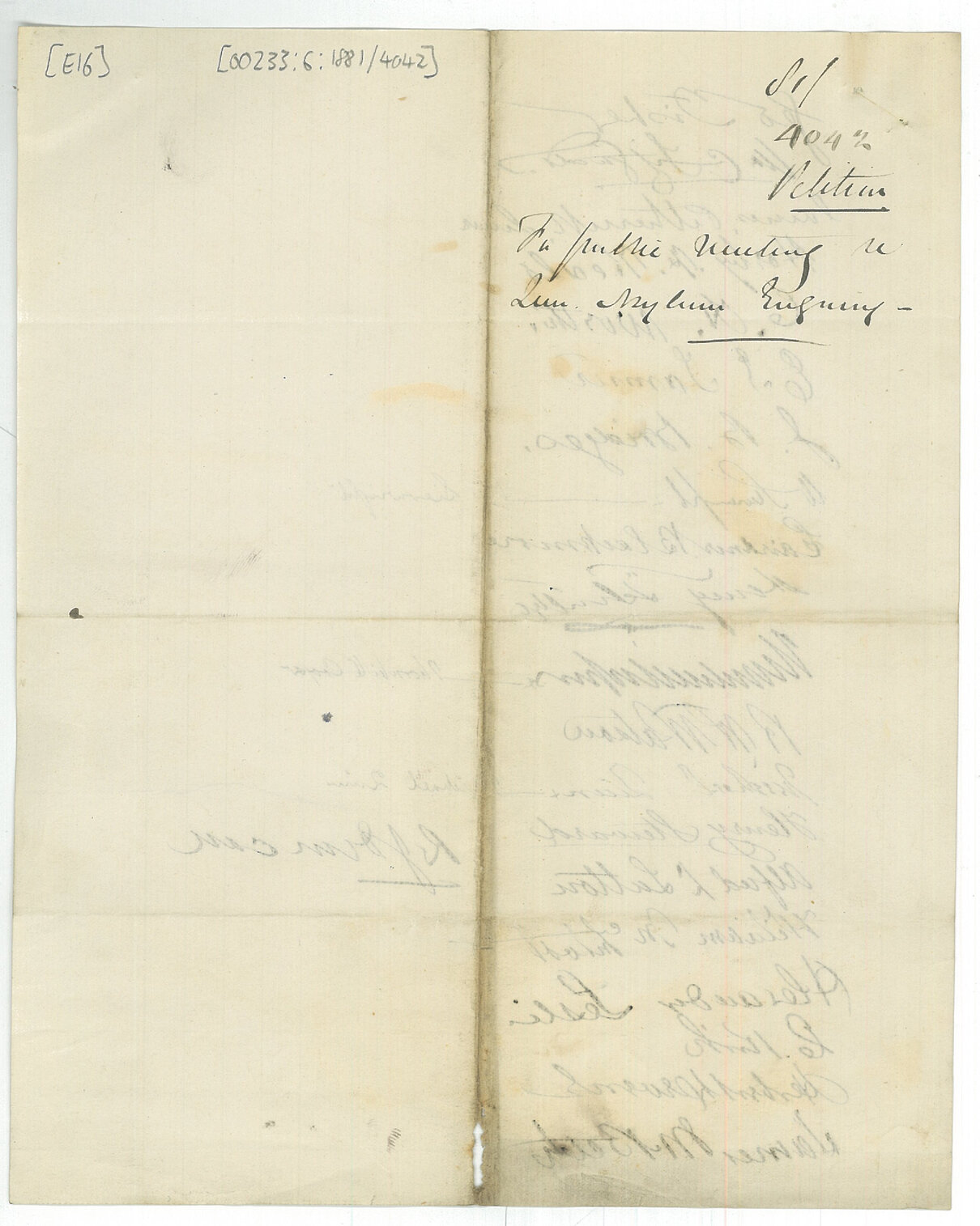 Petition, regarding public meeting regarding Lunatic Asylum enquiry