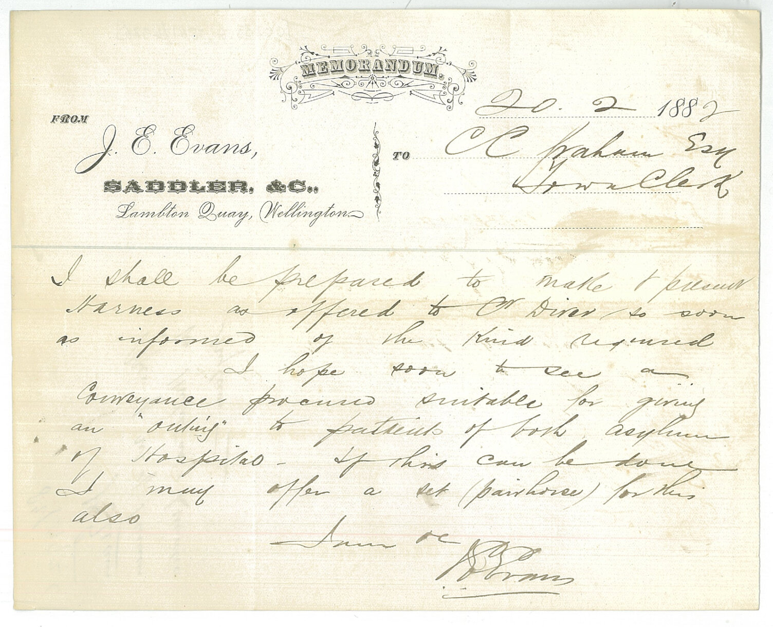 J E Evans, offer of set of harnesses for hospital and lunatic asylum