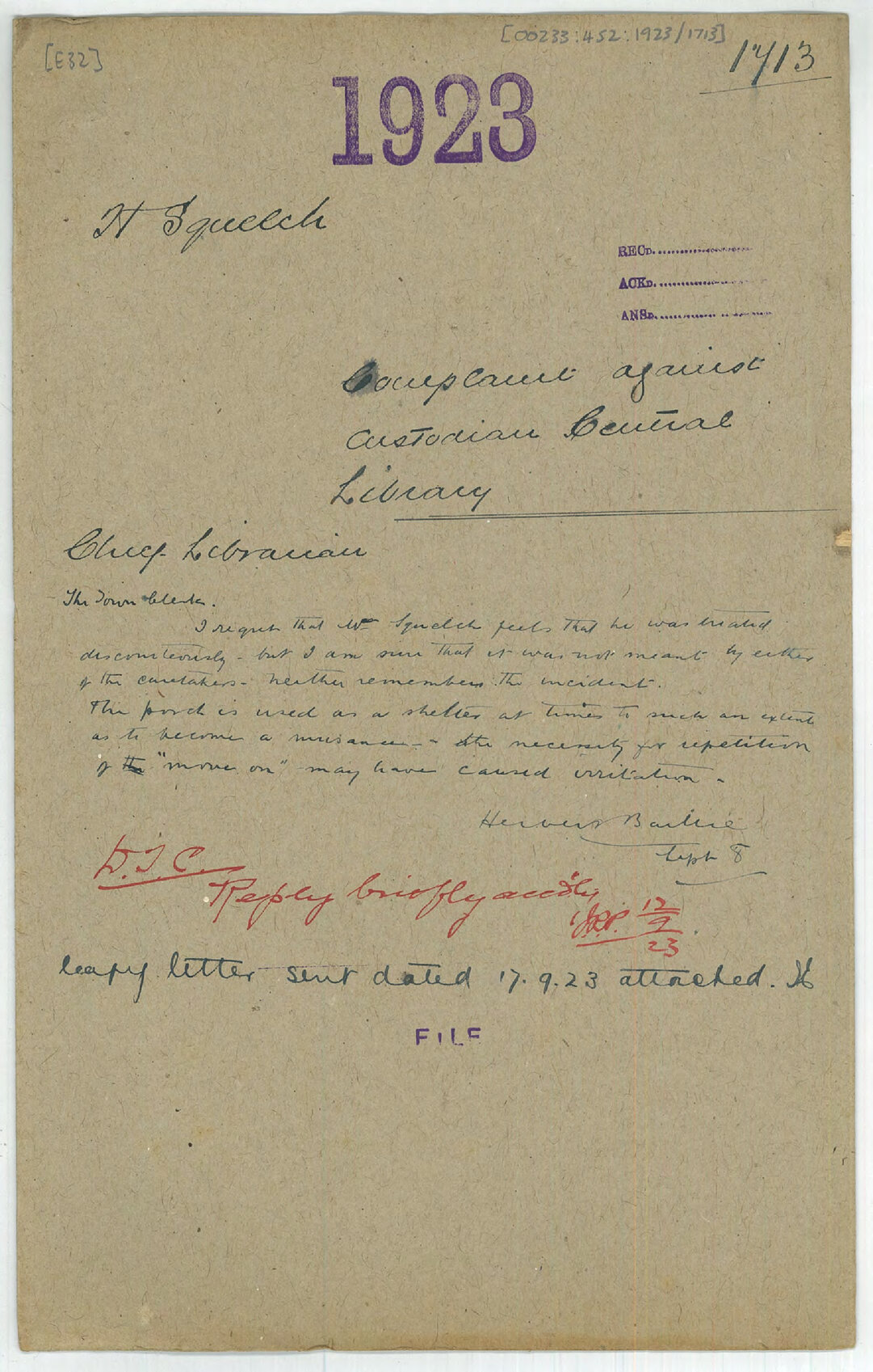 Complaint against custodian, Central Library - H Squelch