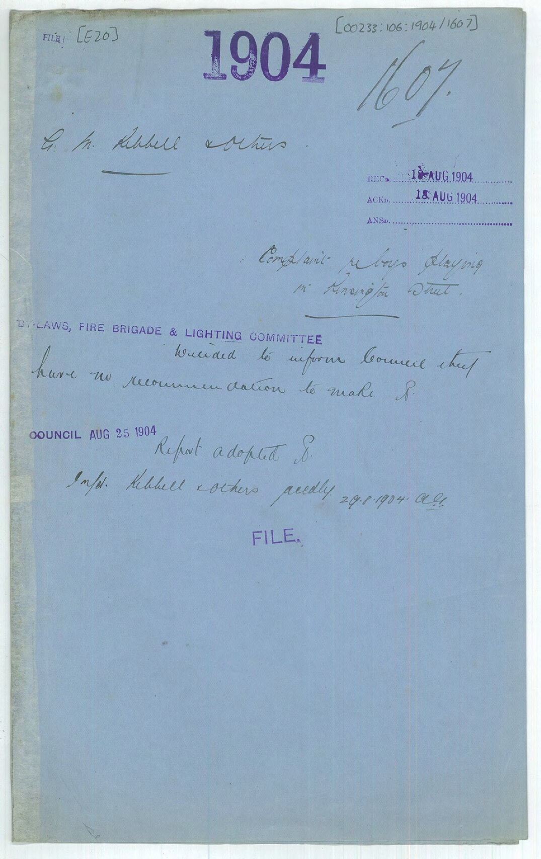 Complaint re boys playing in Kensington Street - G M Kebbell and others