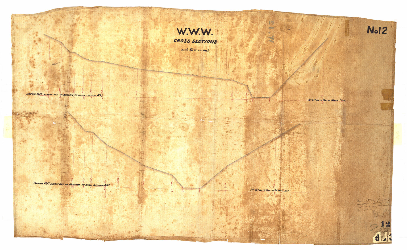Karori Dam, Cross Sections, Sheet 12 - Circa 1874