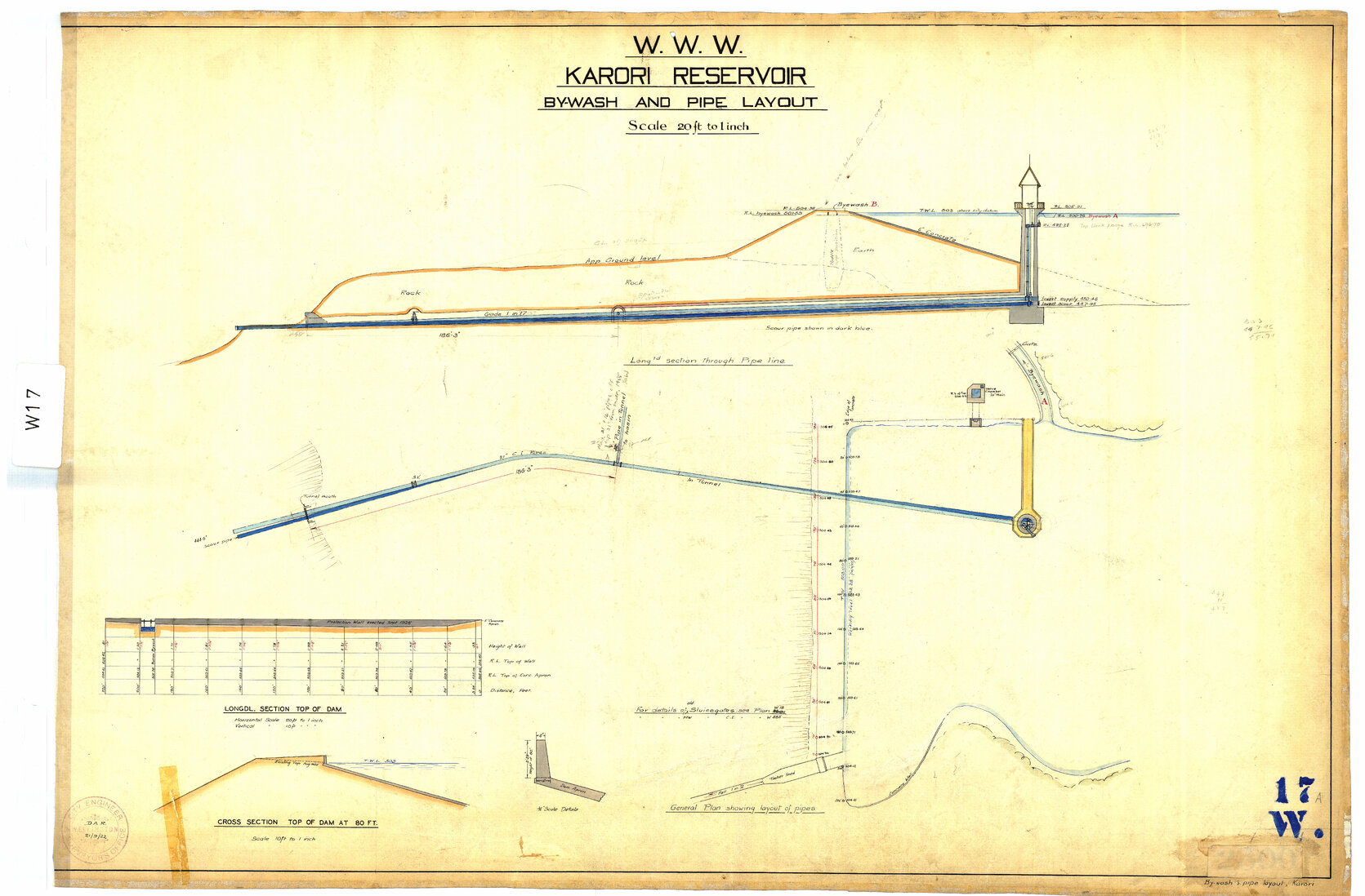 Karori Reservoir, bywash and pipe layout - 1922