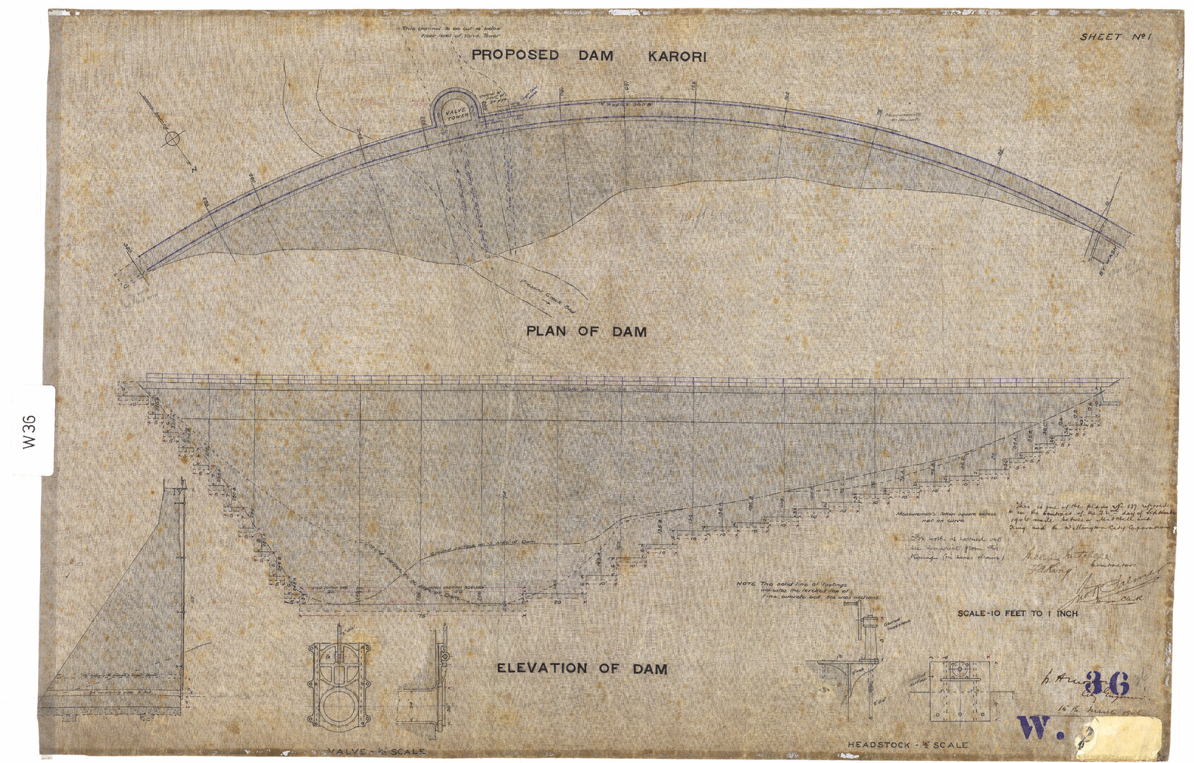 Proposed Dam, Karori, Sheet 1, Plan and Elevation - 15 March 1906