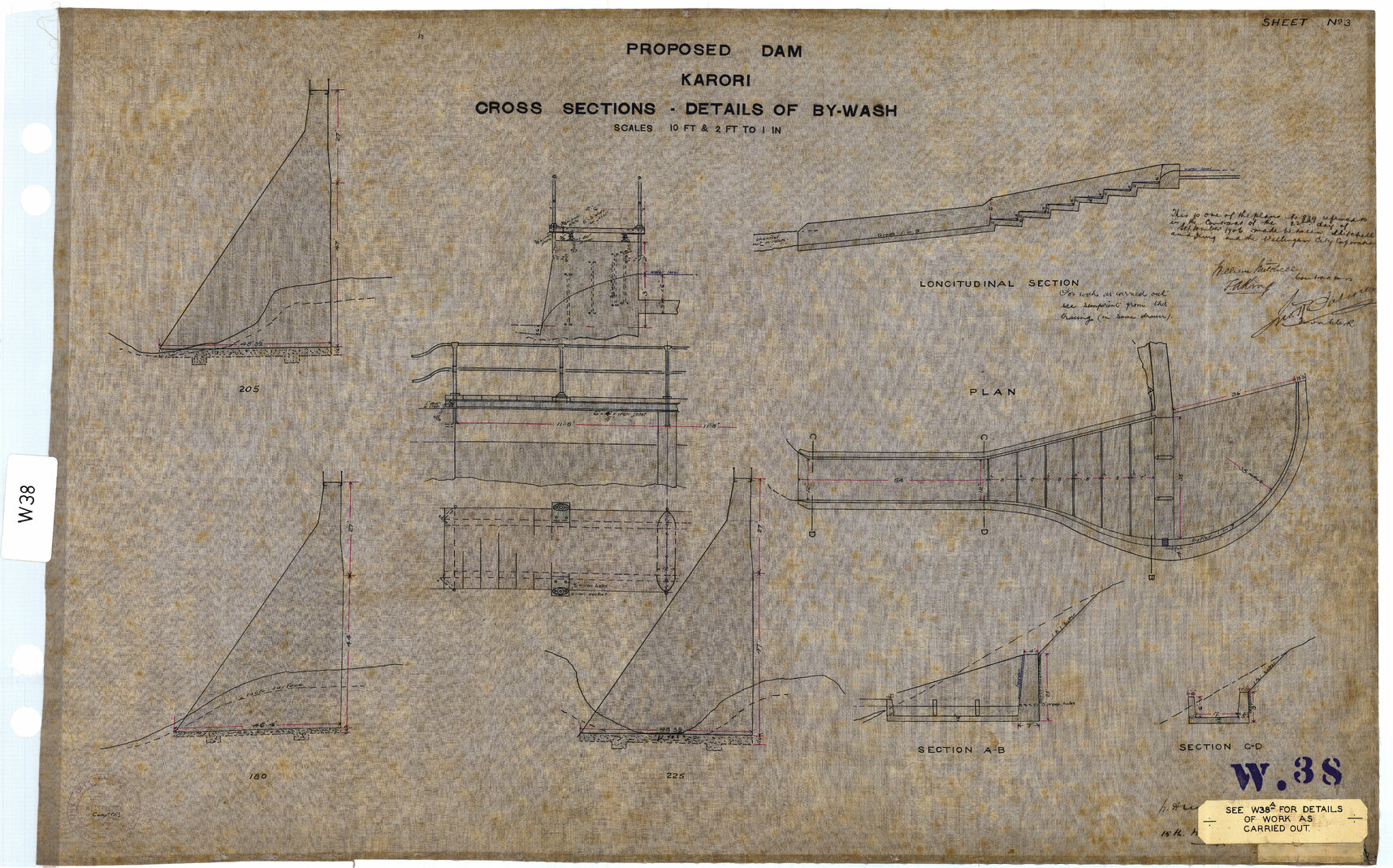 Proposed Dam, Karori, Sheet 3, Cross Sections of Dam and Details of Bywash - 15 March 1906