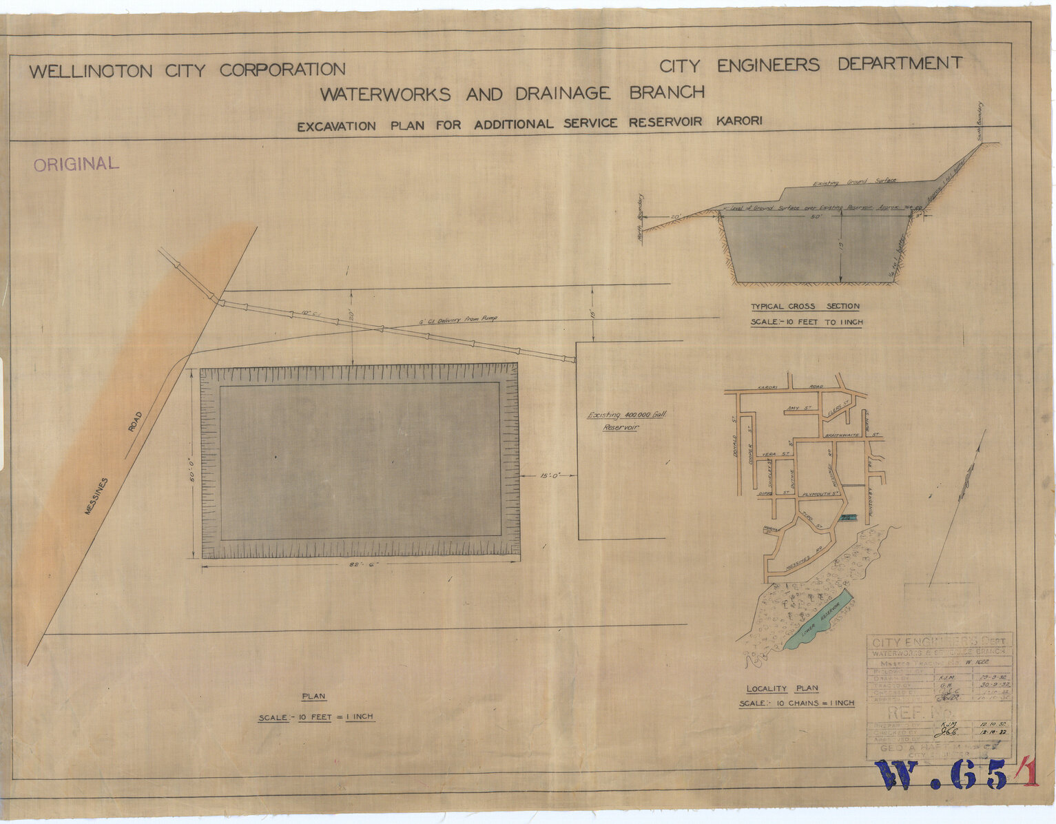 Excavation plan for additional service reservoir, Karori - 1932