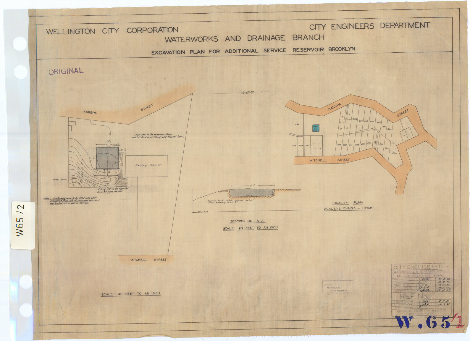 Excavation plan for additional service reservoir, Karori - 1932