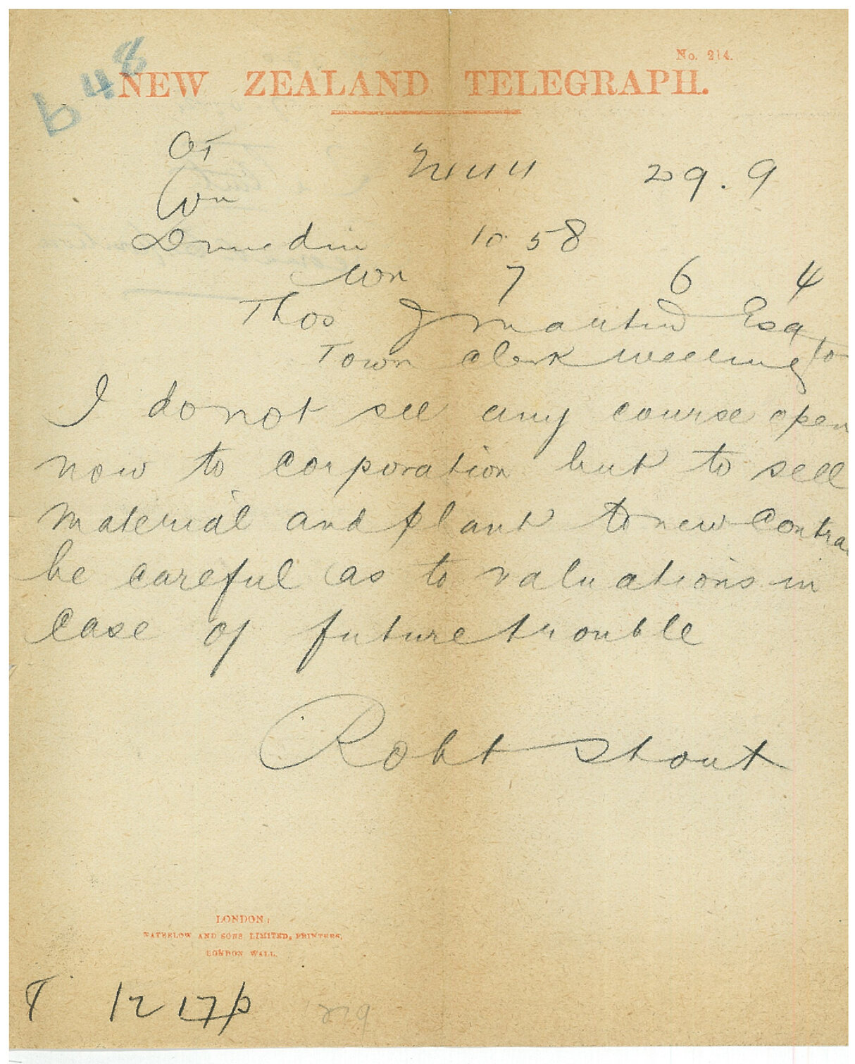 Advice to Corporation re Contract, Robert Stout