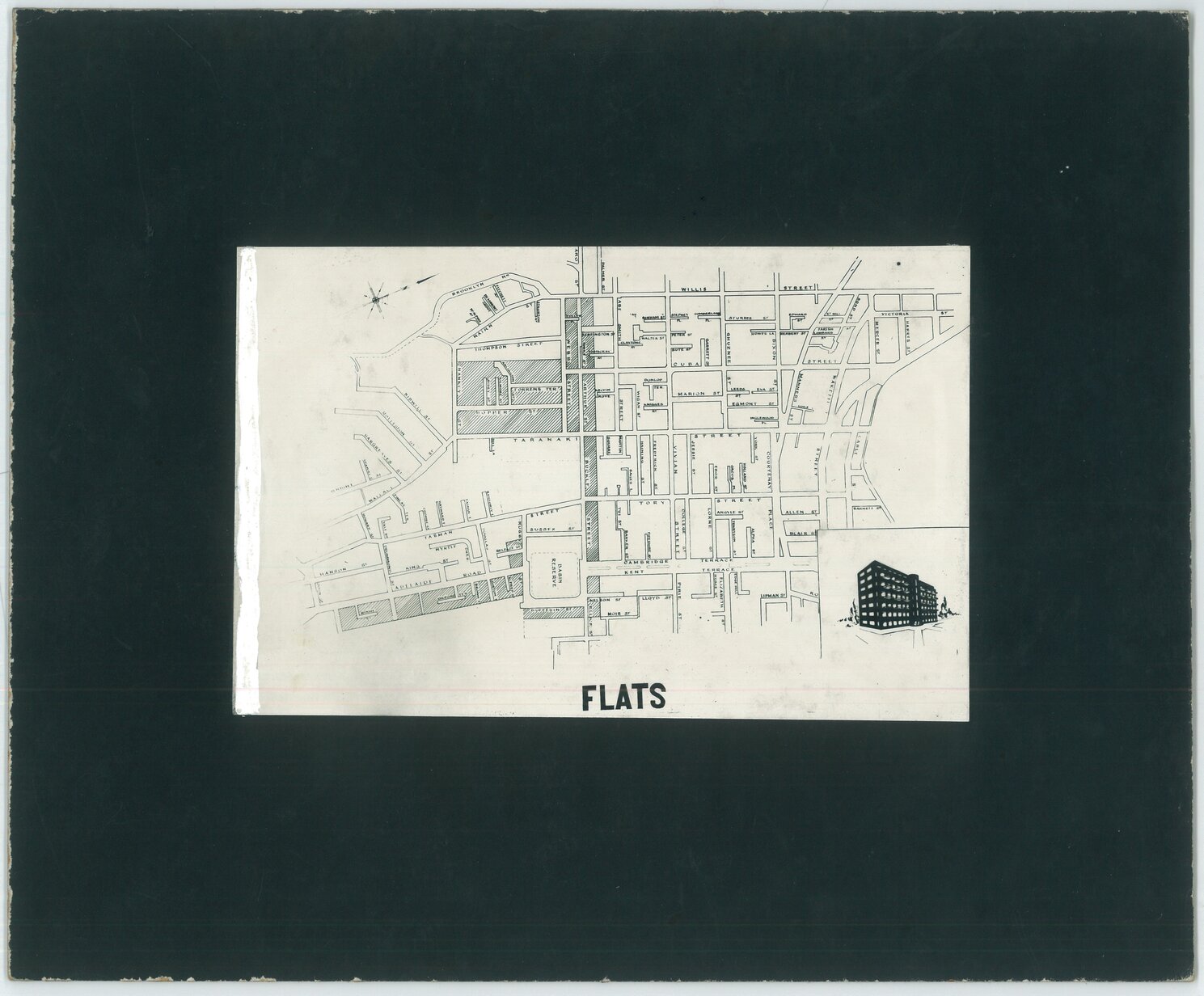 Photograph of Mount Cook/Te Aro street map showing cross hatched areas of flat accommodation