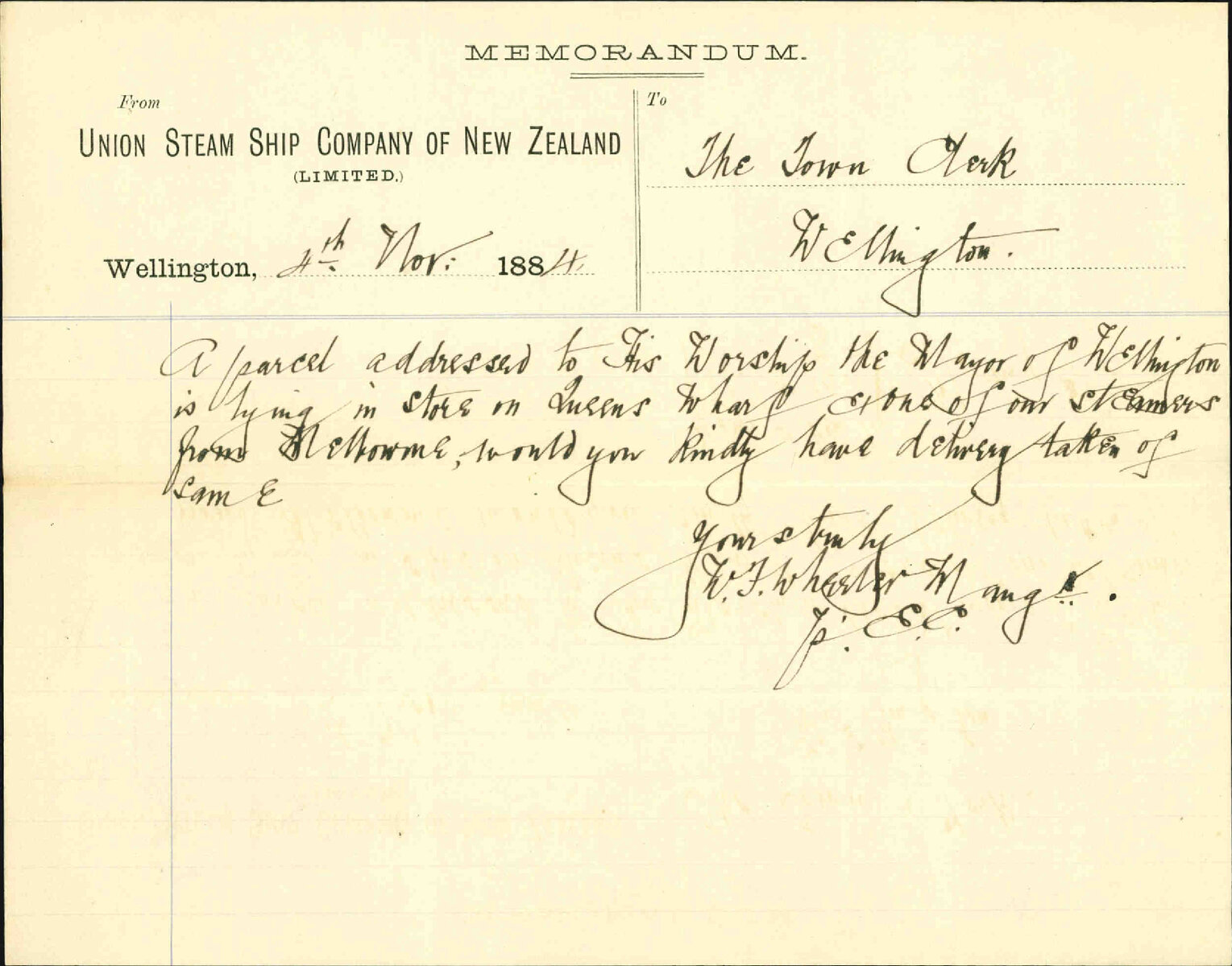 Parcel for Mayor lying at wharf - Union Steam Ship Company