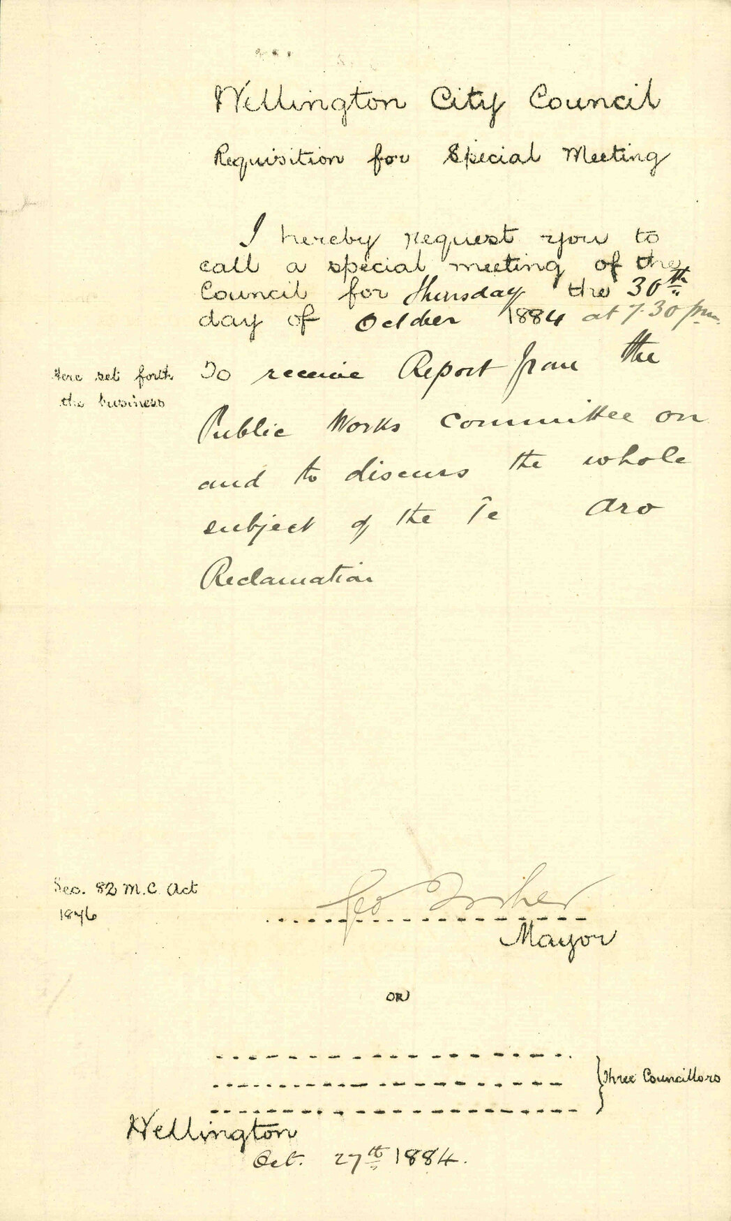 Requisition for special meeting of Council in 30th inst - Mayor of Wellington