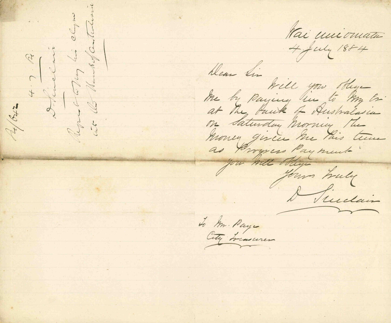 Request to pay his cheque into the Bank of Australia - D Sinclair