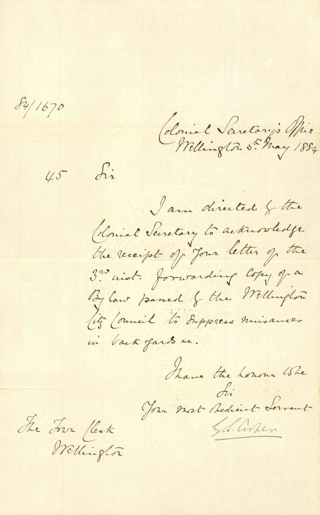Acknowledging receipt of copy of bylaw for suppressing nuisances in back yard - Colonial Secretary