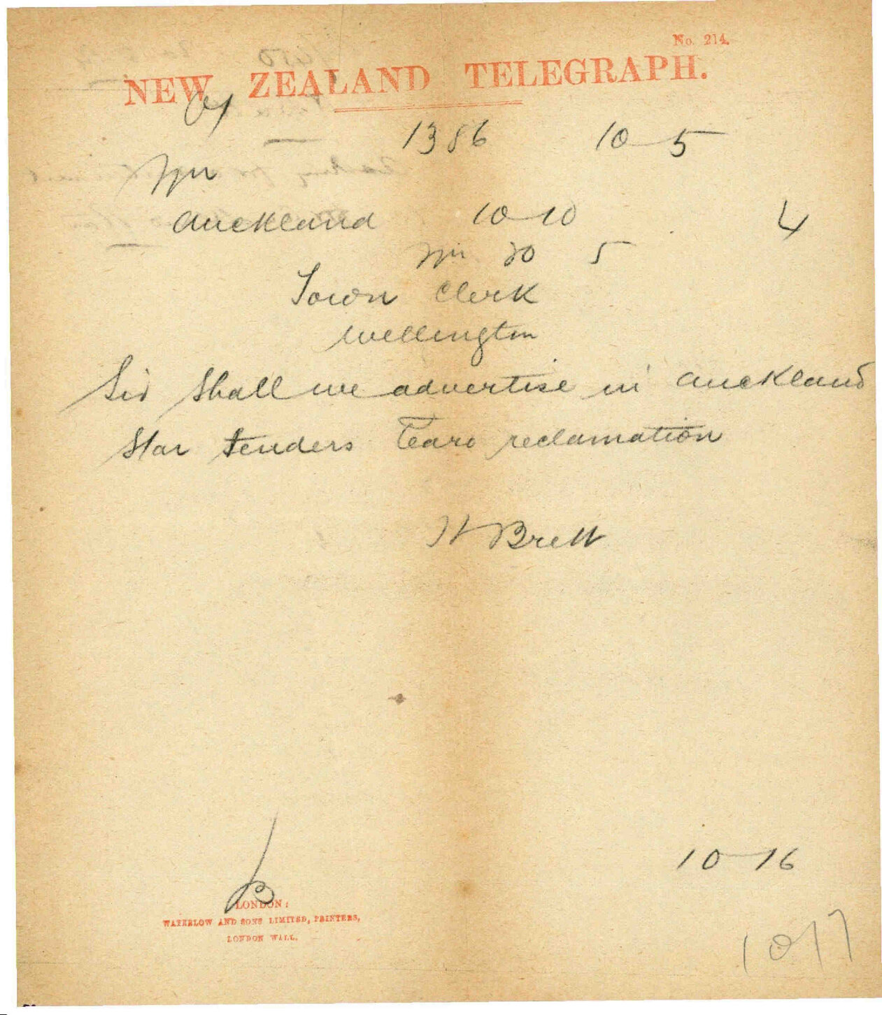 Asking for advertisement in Auckland star - H Brett