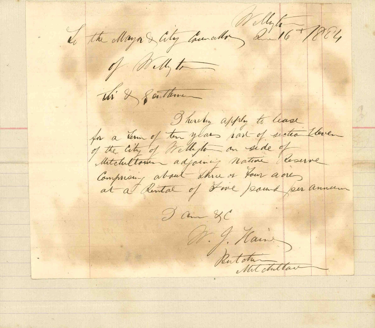 Offer to lease portion of section 11, Town Belt - W J Harris