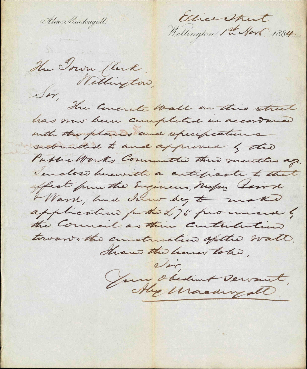 Application for contribution of &pound;75 toward cost of concrete wall in Ellice Street