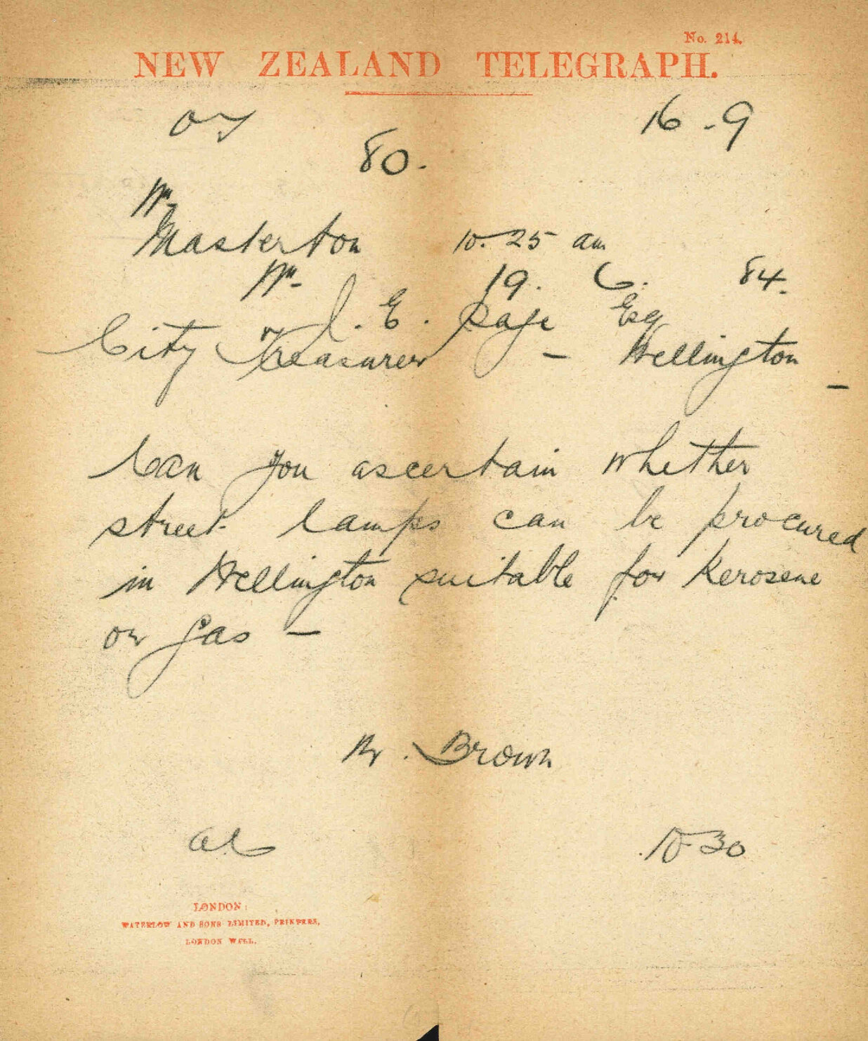 Enquiry as to street lamps - J E Masterton