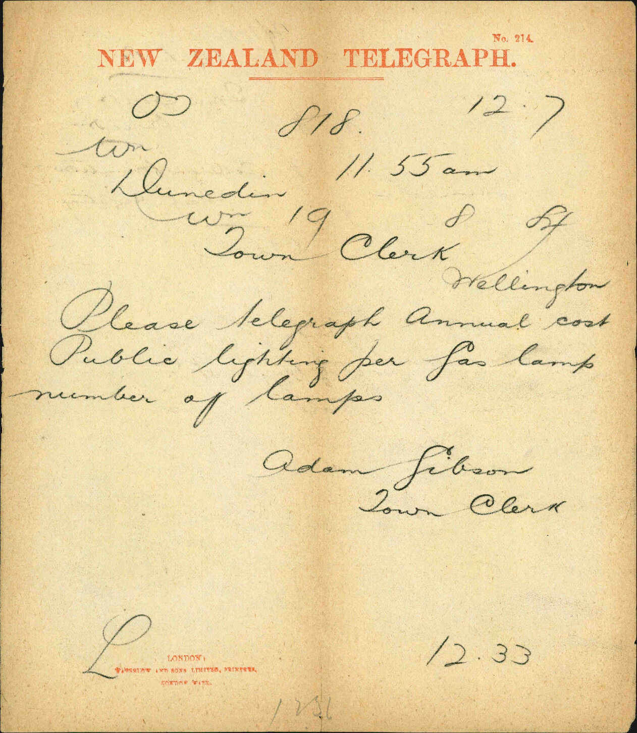 Asking information as to street lighting - Town Clerk Dunedin