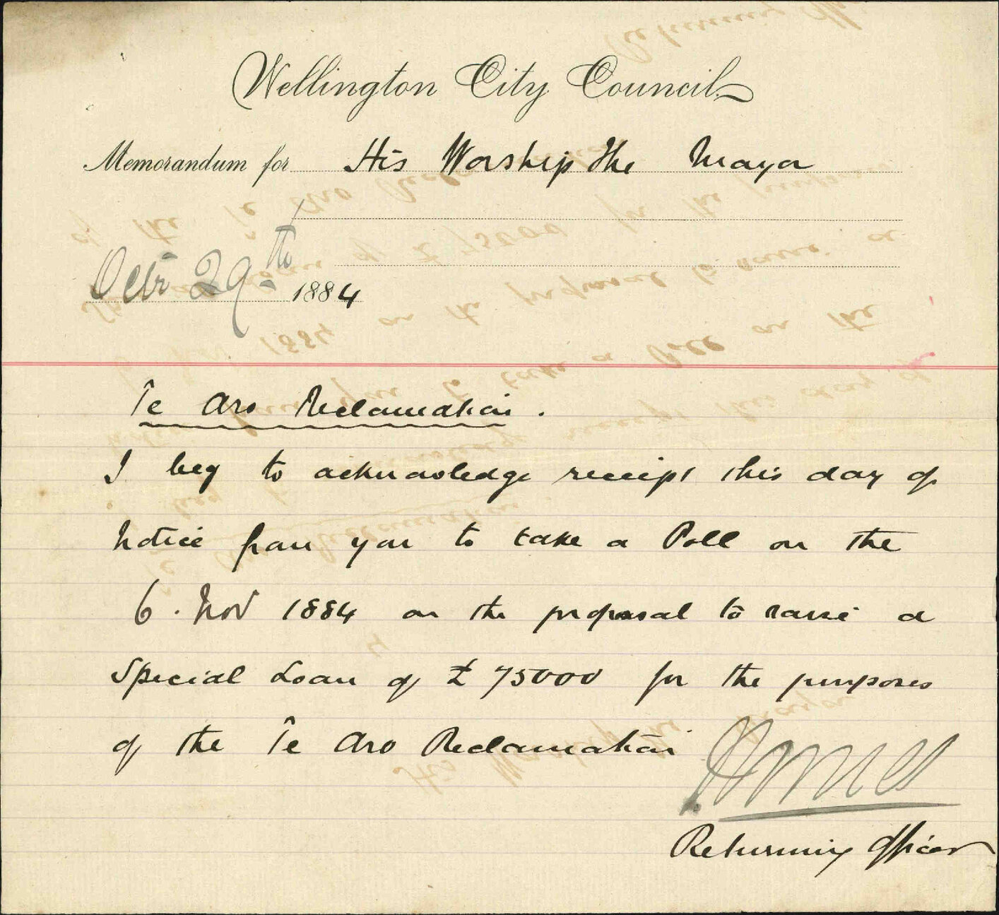 Acknowledging receipt of Mayor's instructions regarding taking poll for Te Aro Reclamation loan - The Returning Officer