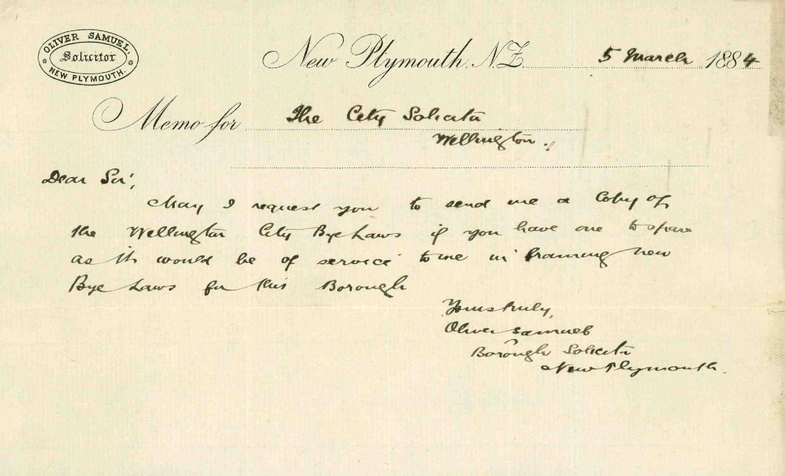 Requesting copy of bylaws - Oliver Samuel, Solicitor, New Plymouth