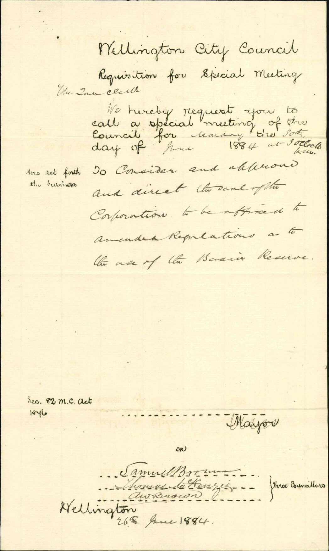 Requisition for special meeting of the Council - Three Councillors [Brown, Brown and McKenzie]