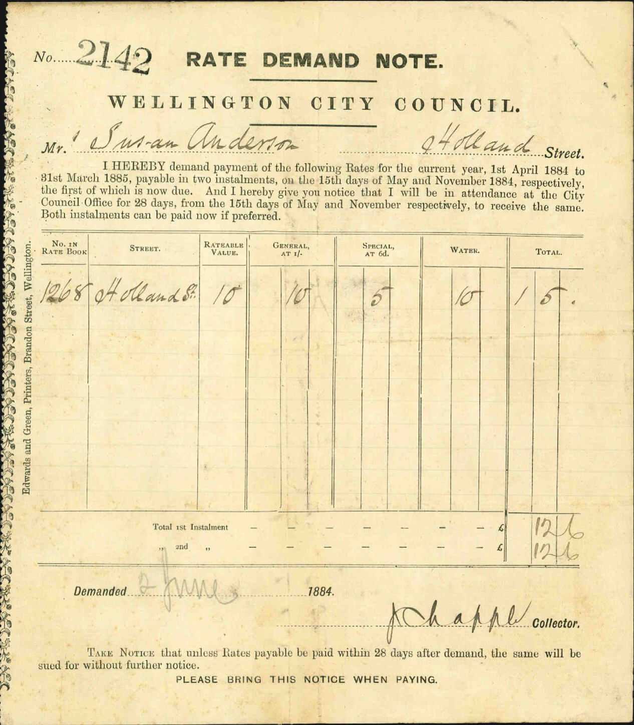 Asking remission of rates - Mrs Susan Anderson [Holland Street]