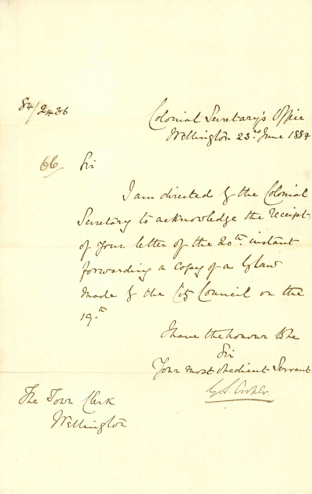 Acknowledging receipt of bylaw of 19th inst - Colonial Secretary