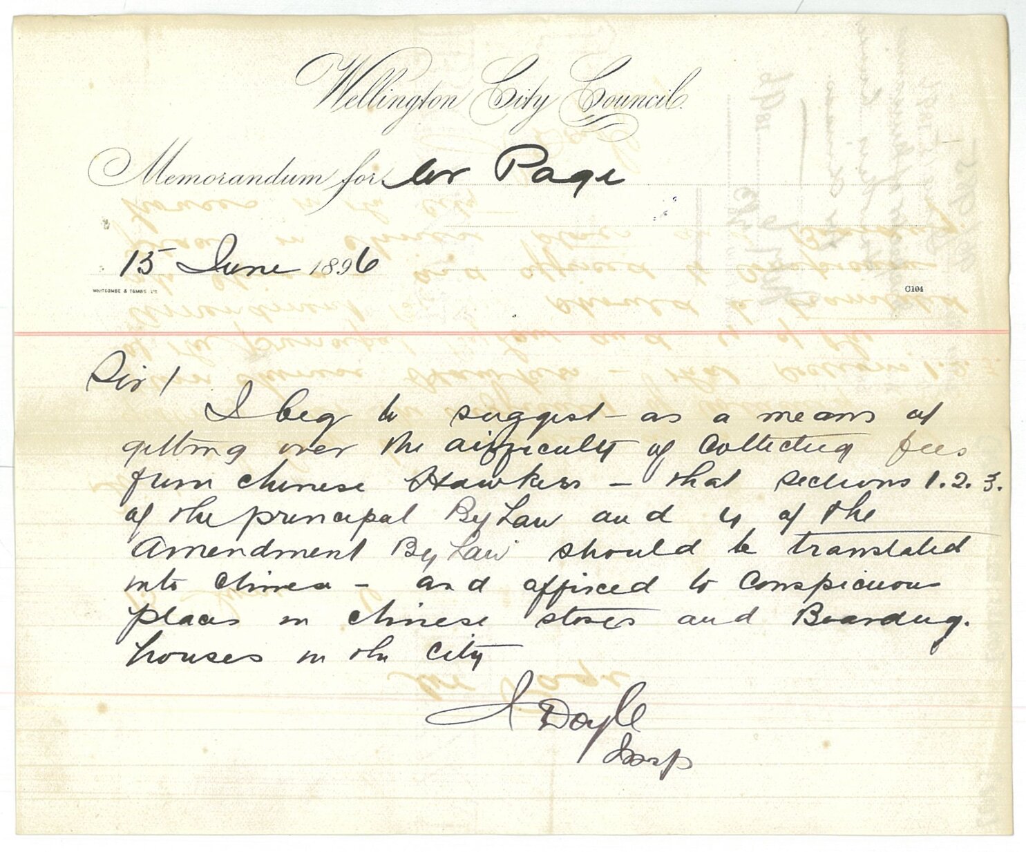 Hawker's licenses for Chinese - Inspector of Nuisances
