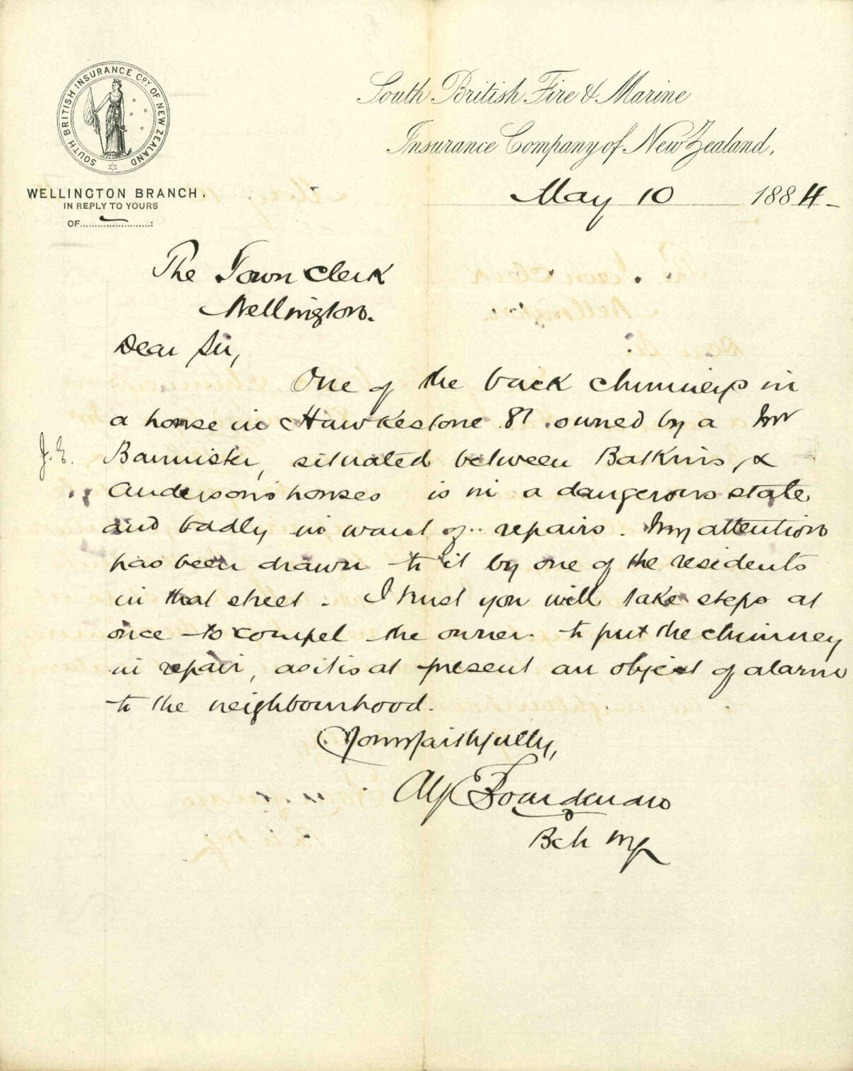 Calling attention to the state of a chimney in Hawkstone Street - South British Insurance Company of New Zealand