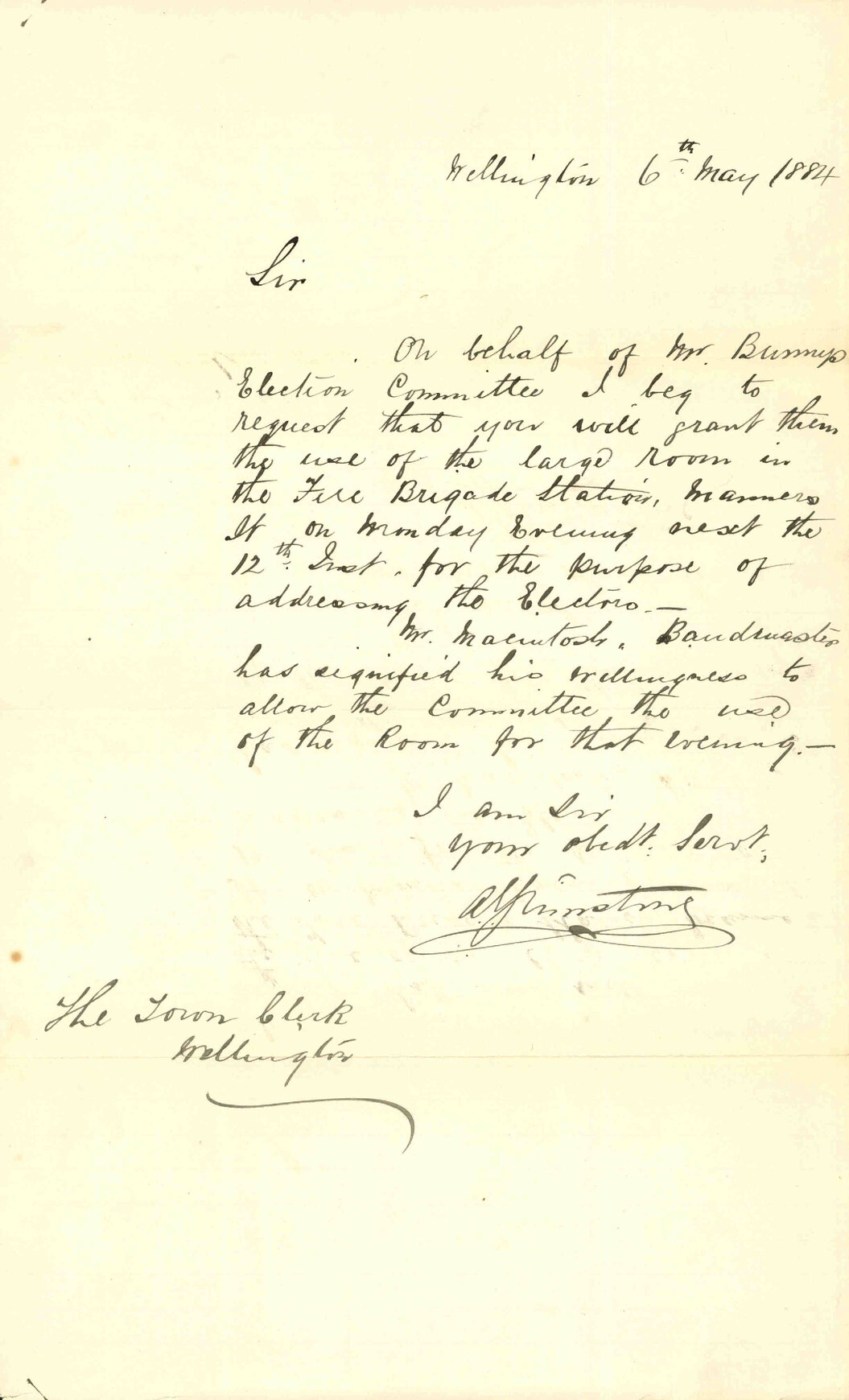 Applying for use of fire brigade hall for public meeting - A E Johnston