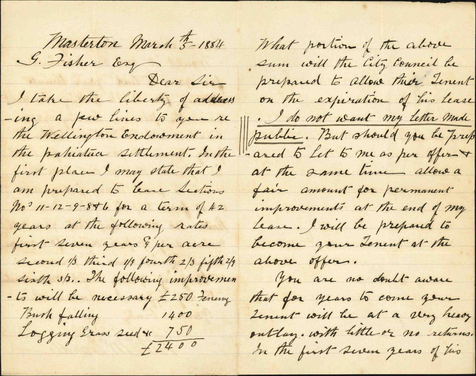 Offering to lease sections of land at Mangahao - W W McCardle