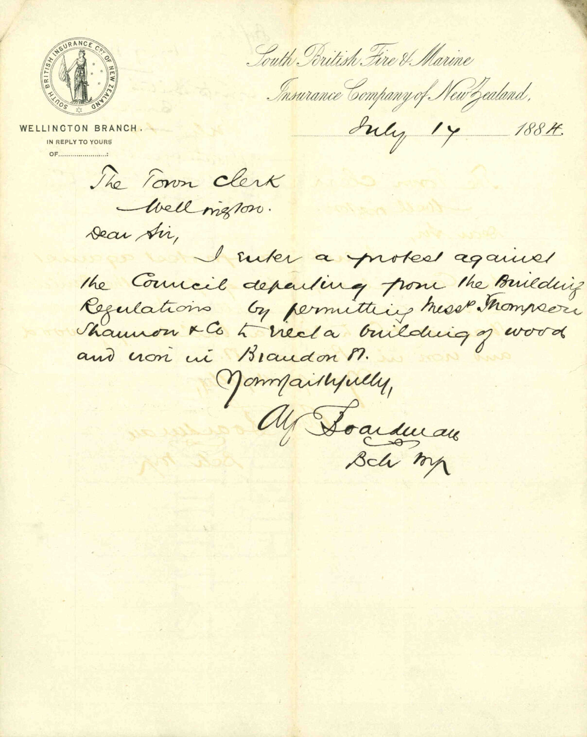 Protest against relaxation of building regulations for Thompson, Shannon &amp; Co - South British Insurance Co