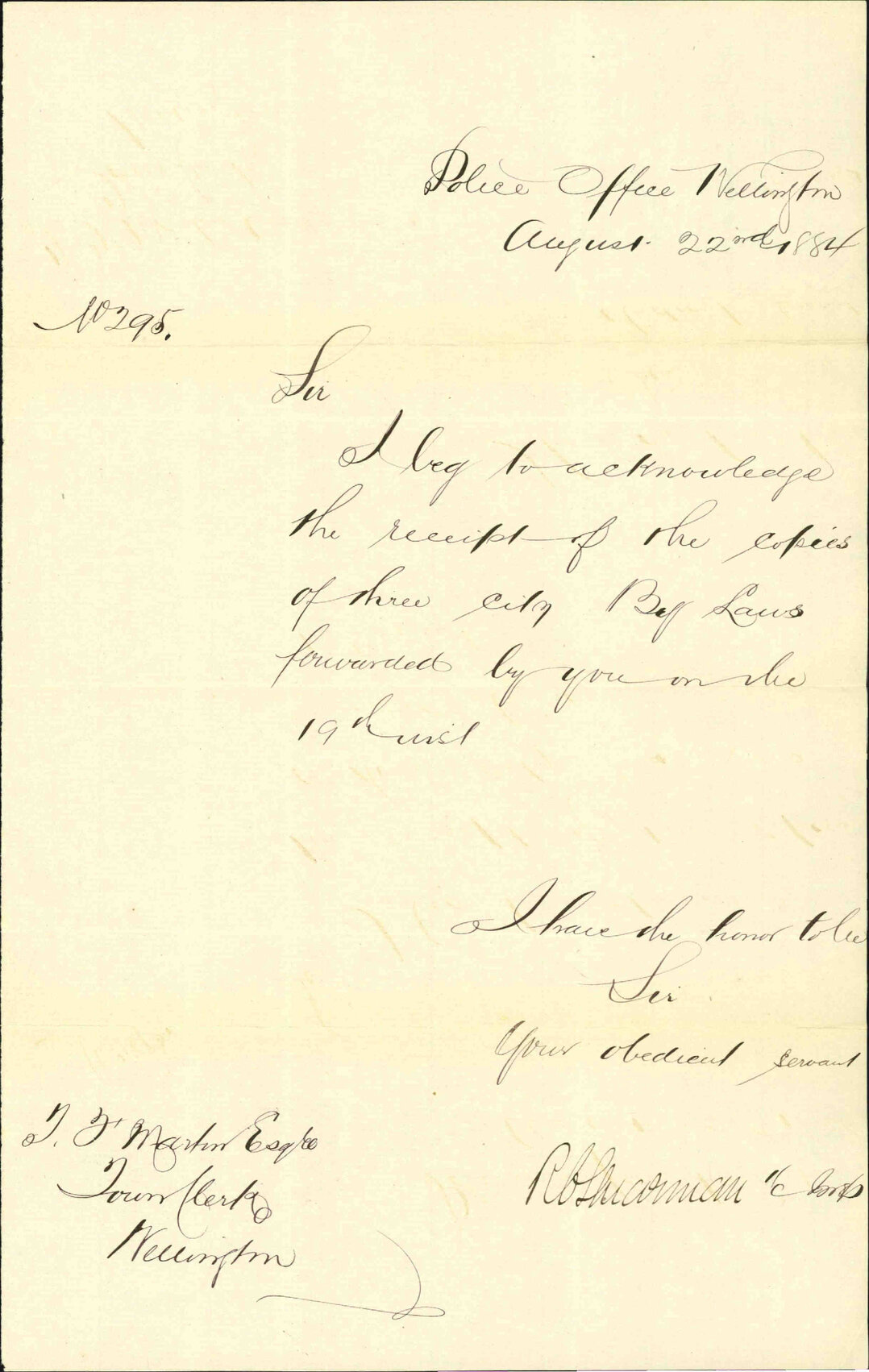 Acknowledging receipt of bylaws - Inspector of Police