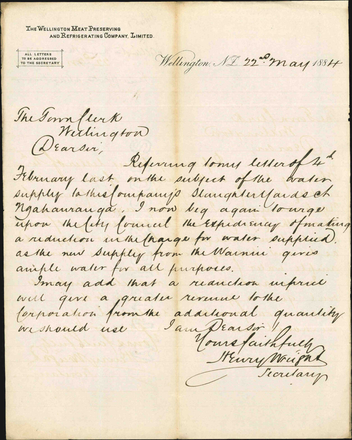 Price of water at Ngahauranga [Ngauranga] - Wellington Meat Preserving and Refrigerating Company Ltd