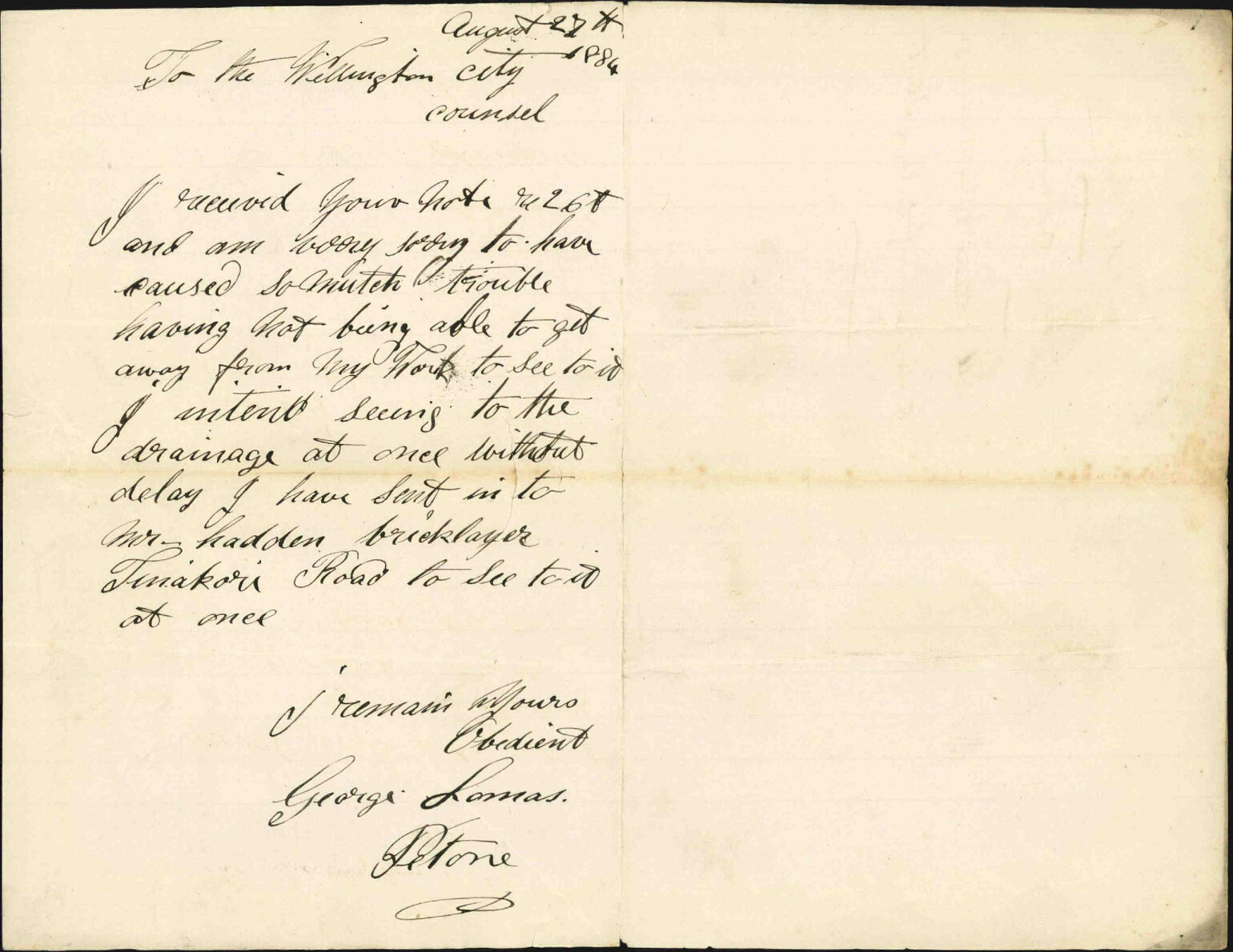 Will attend to the drainage of his property in Hay Street - George Lomas