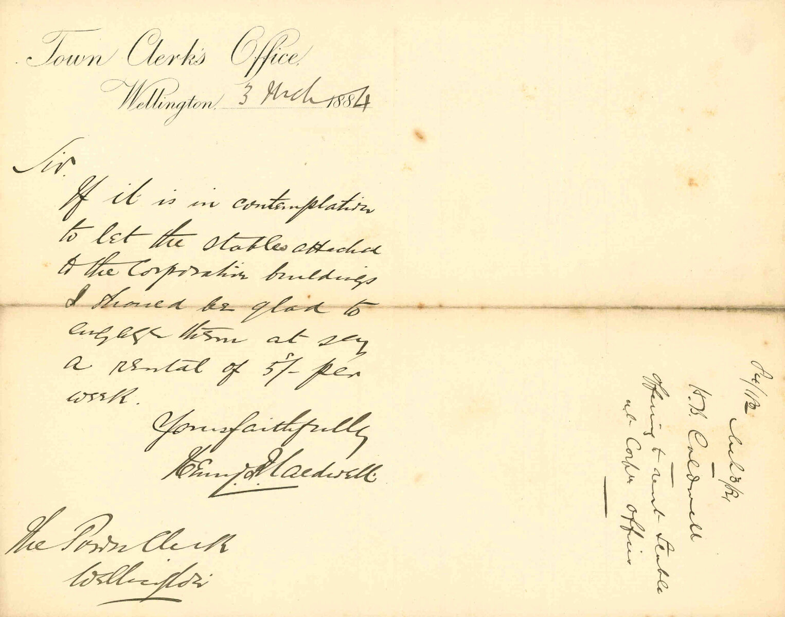 Offering to rent stable in Corporation offices - H B Caldwell