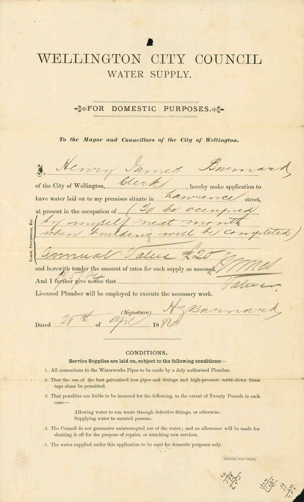 Application for water service in Lawrence Street - H J Barnard
